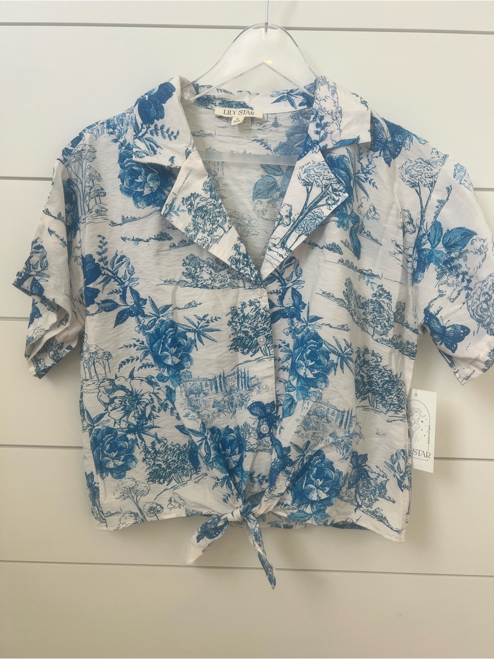 Lily Star White Shirt with Blue Scenic Print